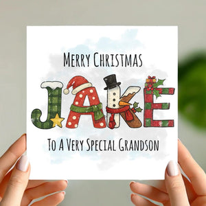 Personalised Christmas Card Any Name Festive Letter Design Custom Xmas Card for Grandson, Granddaughter, Son, Daughter, Niece, Nephew etc.