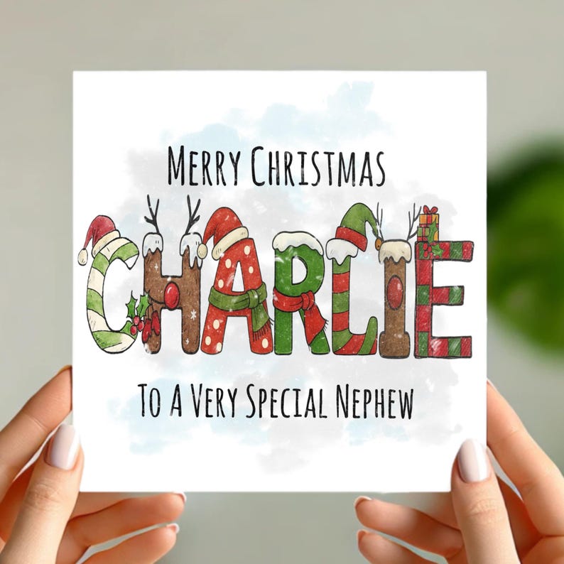 Personalised Christmas Card Any Name Festive Letter Design Custom Xmas Card for Grandson, Granddaughter, Son, Daughter, Niece, Nephew etc.