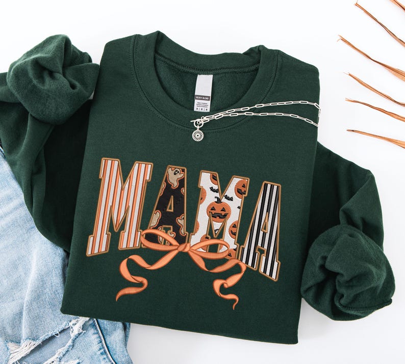 Mama Halloween Embroidered Sweatshirt, Spooky Season Mom Shirt, Coquette Mama Shirt, Fall Mama Sweatshirt, Fall Gift for Mothers