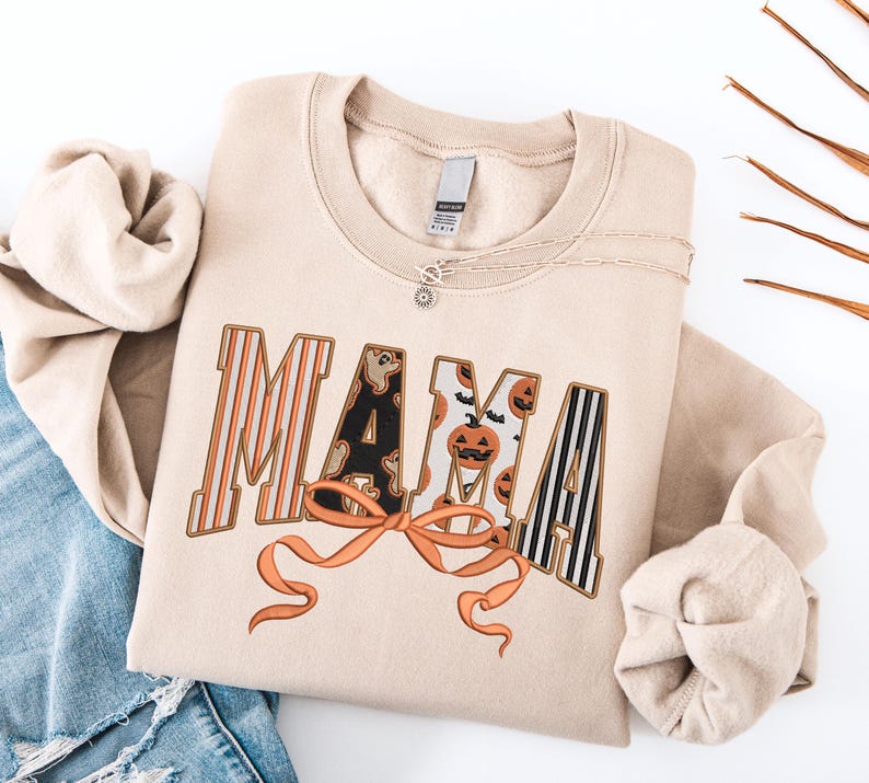 Mama Halloween Embroidered Sweatshirt, Spooky Season Mom Shirt, Coquette Mama Shirt, Fall Mama Sweatshirt, Fall Gift for Mothers