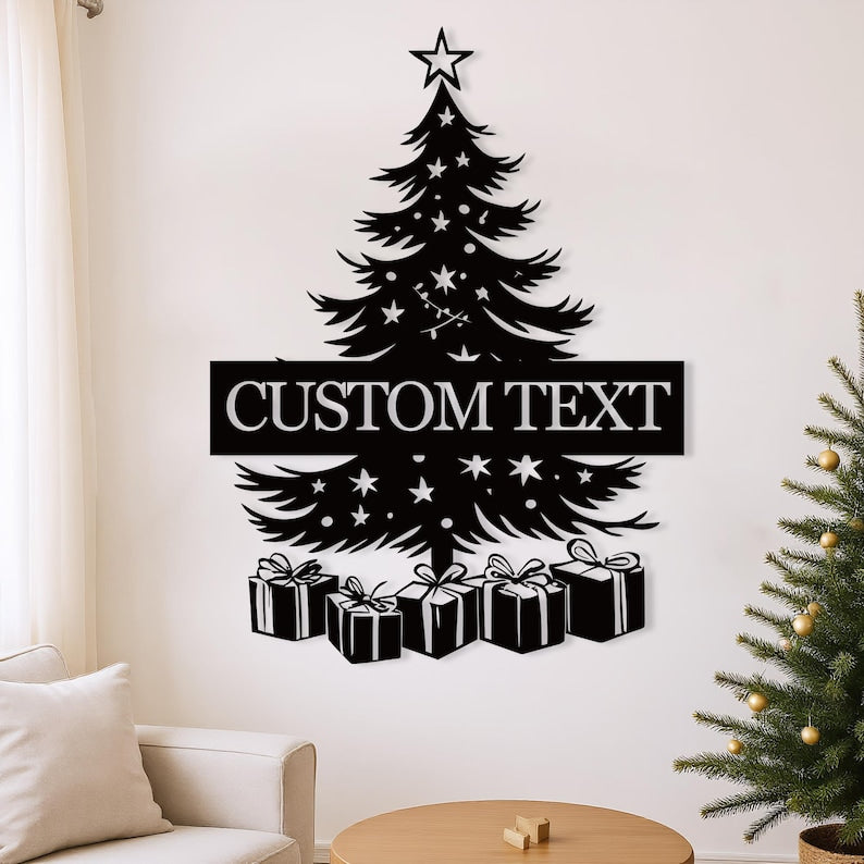 Personalized Christmas Tree Metal Wall Decor: Rustic Farmhouse Sign