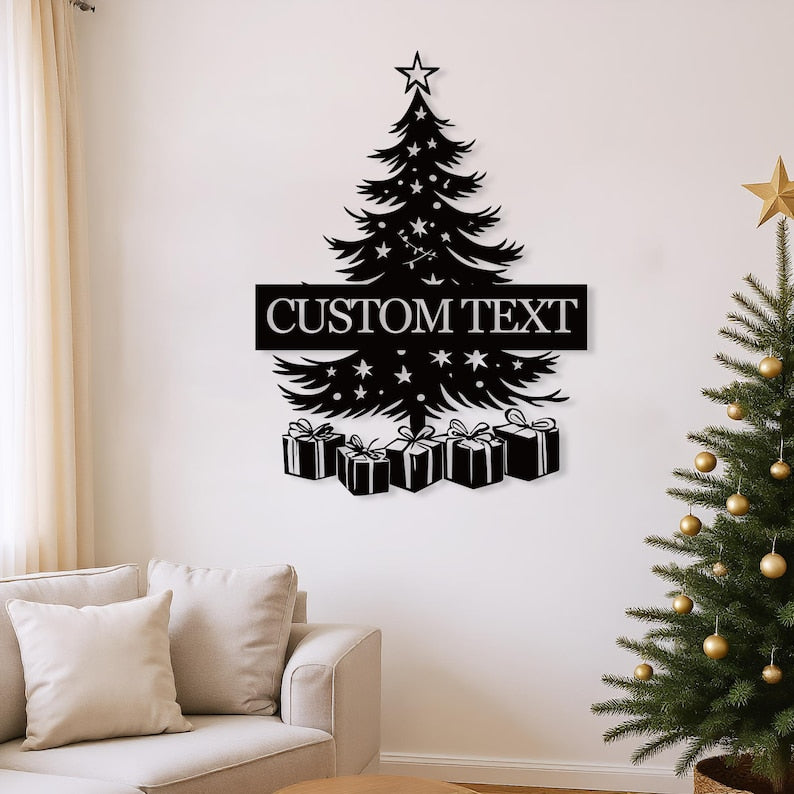 Personalized Christmas Tree Metal Wall Decor: Rustic Farmhouse Sign