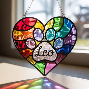 Custom Pet Paw Suncatcher, Faux Stained Glass Heart Ornament, Rainbow Pet Memorial Gift, Personalized Window Decor, Pet Loss Keepsake