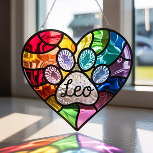 Custom Pet Paw Suncatcher, Faux Stained Glass Heart Ornament, Rainbow Pet Memorial Gift, Personalized Window Decor, Pet Loss Keepsake