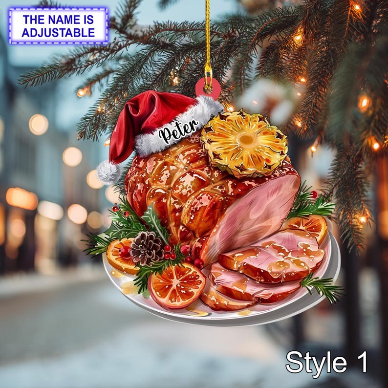 Funny Christmas Ham Ornament Ultra Realistic Honey Glazed Ham with Santa Hat, Festive Food Acrylic Decoration Holiday Gift, Tree hanging