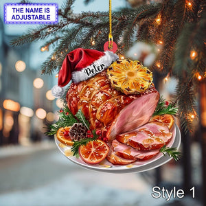 Funny Christmas Ham Ornament Ultra Realistic Honey Glazed Ham with Santa Hat, Festive Food Acrylic Decoration Holiday Gift, Tree hanging