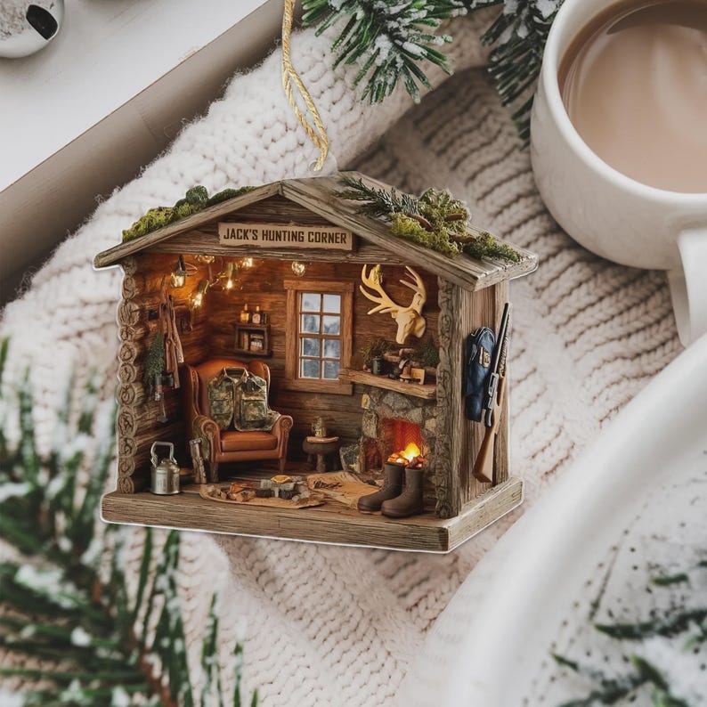 Personalized Hunting Cabin Ornament Custom Name Rustic Log Cabin Keepsake Gift for Hunters & Outdoorsmen Christmas Decor