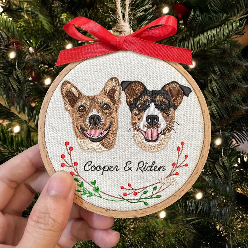 Personalized Embroidery Dog Photo Ornament, Custom Dog Christmas in Hoop, Dog Portrait Gift for Pet Owners