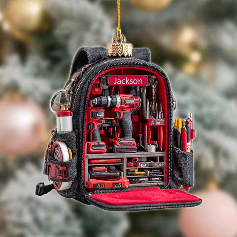 Personalized Tool Backpack Christmas Ornament Custom Name Holiday Decor Gift for Carpenters, Handymen, and DIY Lovers,2D Flat Onament