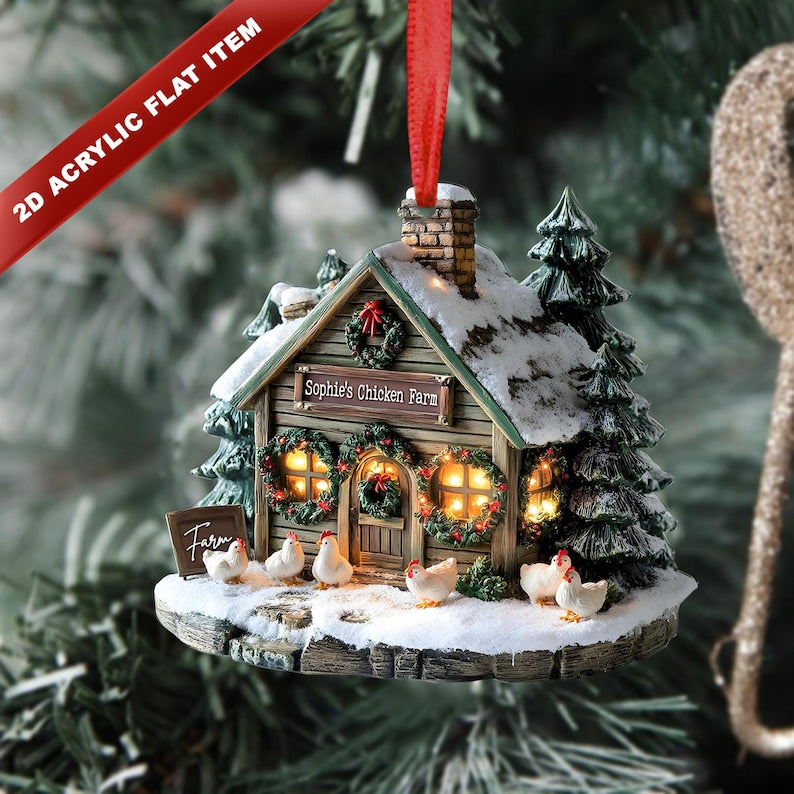 Personalized Farmhouse Chicken Barn Christmas Ornament,Chicken Ornament 2D Flat not 3D ,Farmhouse Holiday Tree Decoration for Xmas,Farm Decor
