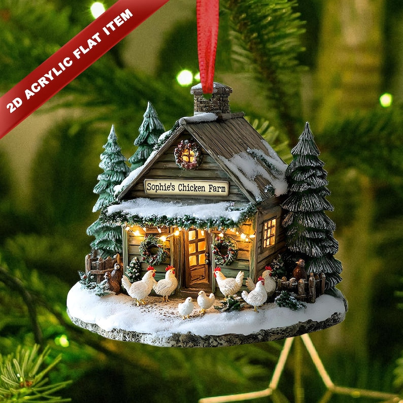 Personalized Farmhouse Chicken Barn Christmas Ornament,Chicken Ornament 2D Flat not 3D ,Farmhouse Holiday Tree Decoration for Xmas,Farm Decor
