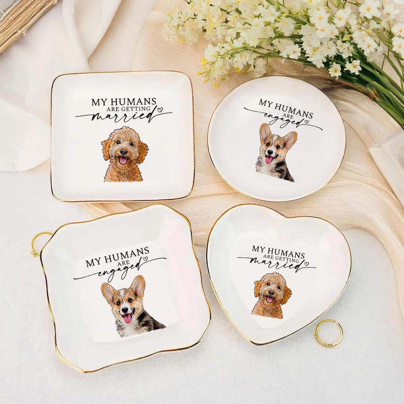 Custom Dog Cat Photo Ring Dish, Engagement Gift For Her, Personalized Pet Portrait Jewelry Trinket Dish, My Humans Are Getting Married