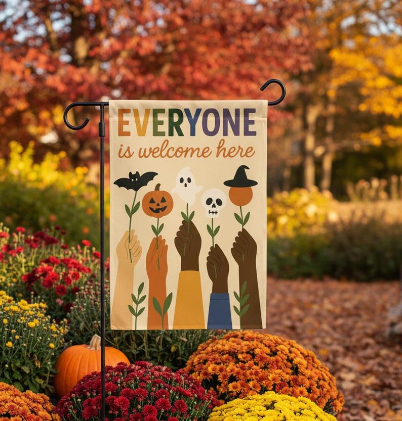 Inclusive Halloween Garden Flag, Everyone Welcome Yard Decor, Fall Outdoor Decoration, Seasonal Welcome Sign for Front Yard