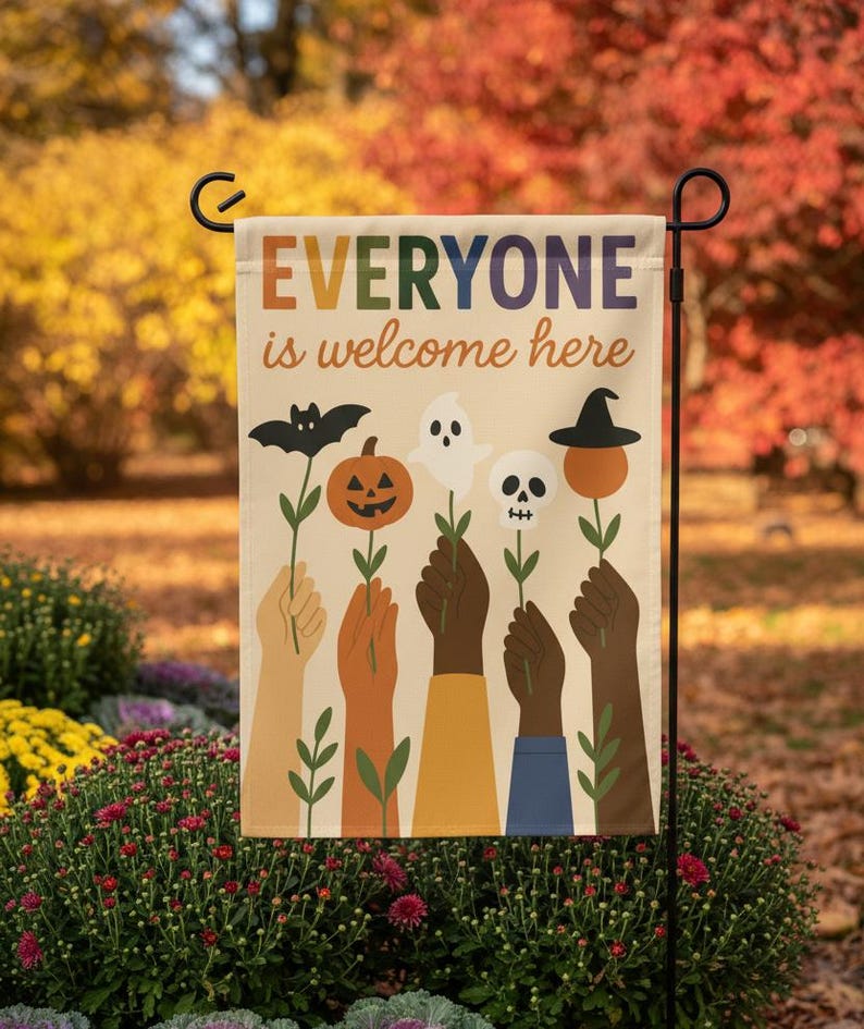 Inclusive Halloween Garden Flag, Everyone Welcome Yard Decor, Fall Outdoor Decoration, Seasonal Welcome Sign for Front Yard