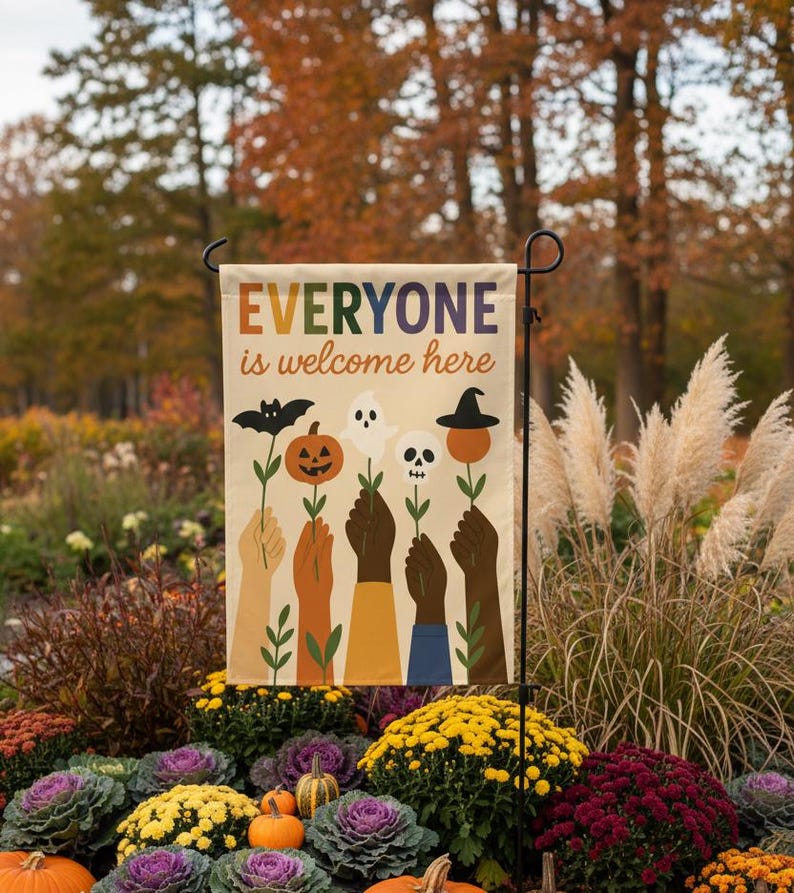 Inclusive Halloween Garden Flag, Everyone Welcome Yard Decor, Fall Outdoor Decoration, Seasonal Welcome Sign for Front Yard