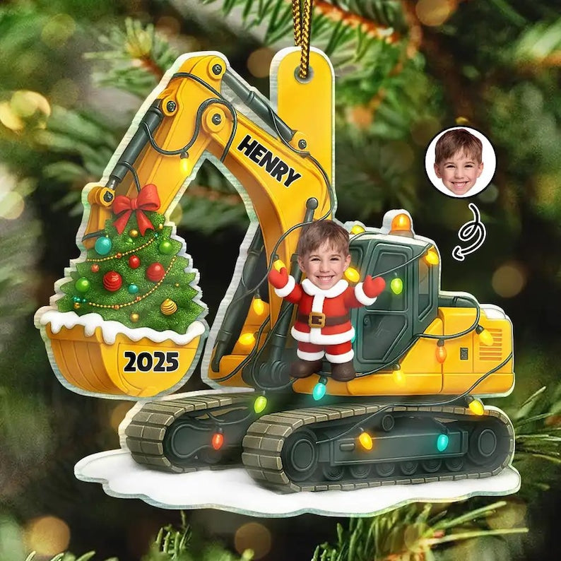 Custom Photo Christmas Excavator Construction - Personalized Custom Shaped Acrylic Ornament, Acrylic Keepsake Christmas Gift For Family