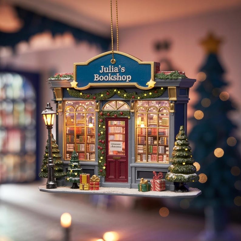 Custom Bookstore Ornament Personalized Name Shop with Books Holiday Tree Decoration Xmas Gift for Librarians, Teachers & Bookworms