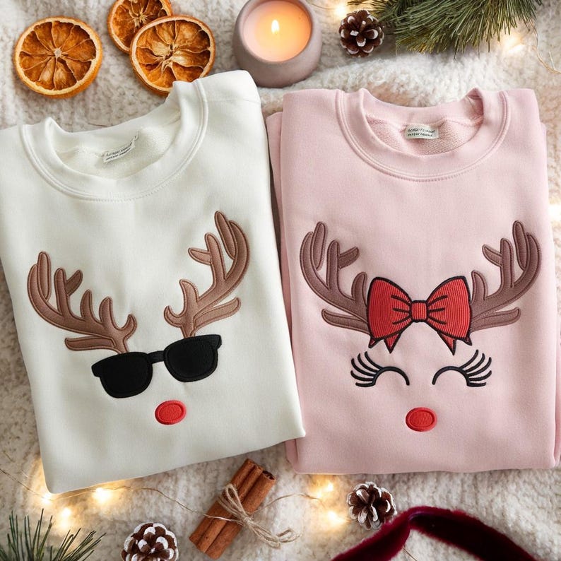 Reindeer Embroidered Christmas Sweatshirt, Cute Holiday Couple Sweater Set, Matching Xmas Reindeer Jumper, Festive Family Sweatshirts