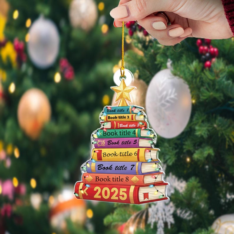 Personalized Book Christmas Ornament 2025 Custom Stack of Books Tree Acrylic Decoration Holiday Gift for Readers & Book Lovers