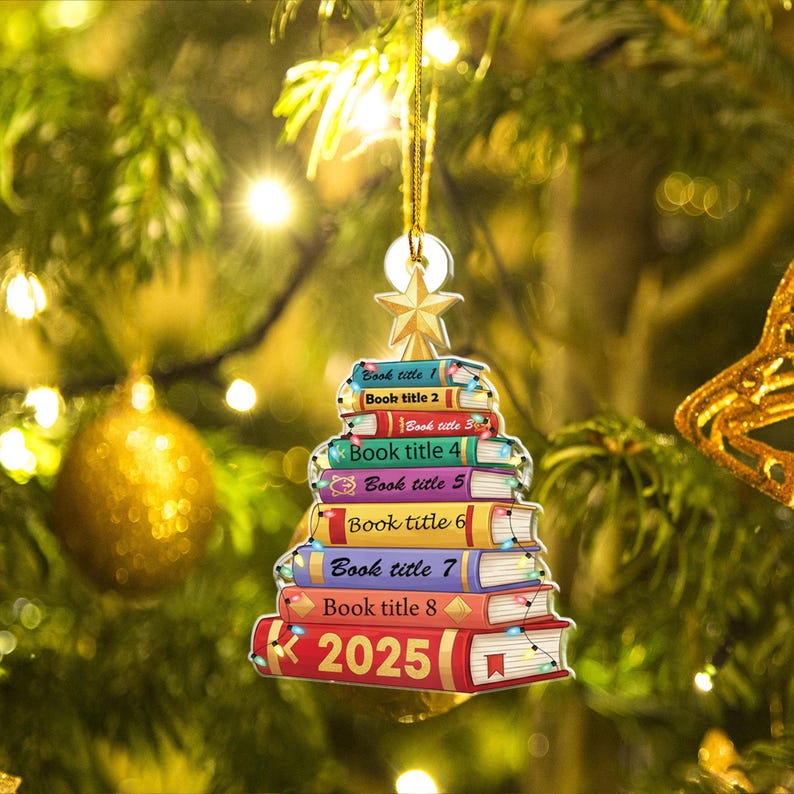 Personalized Book Christmas Ornament 2025 Custom Stack of Books Tree Acrylic Decoration Holiday Gift for Readers & Book Lovers