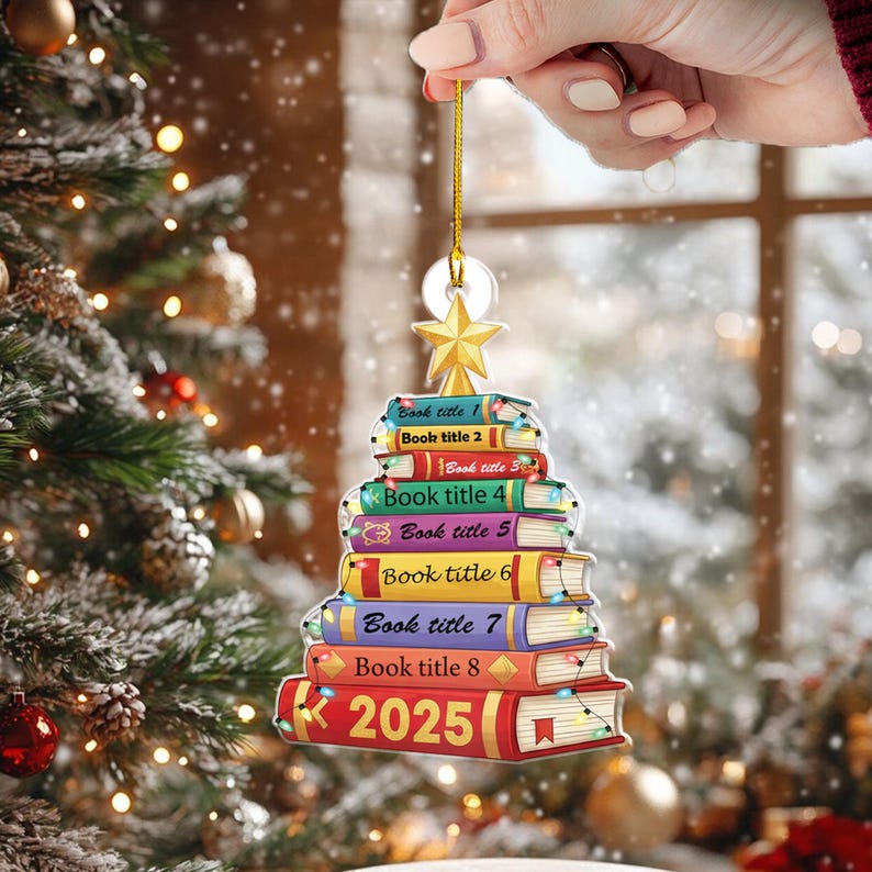 Personalized Book Christmas Ornament 2025 Custom Stack of Books Tree Acrylic Decoration Holiday Gift for Readers & Book Lovers
