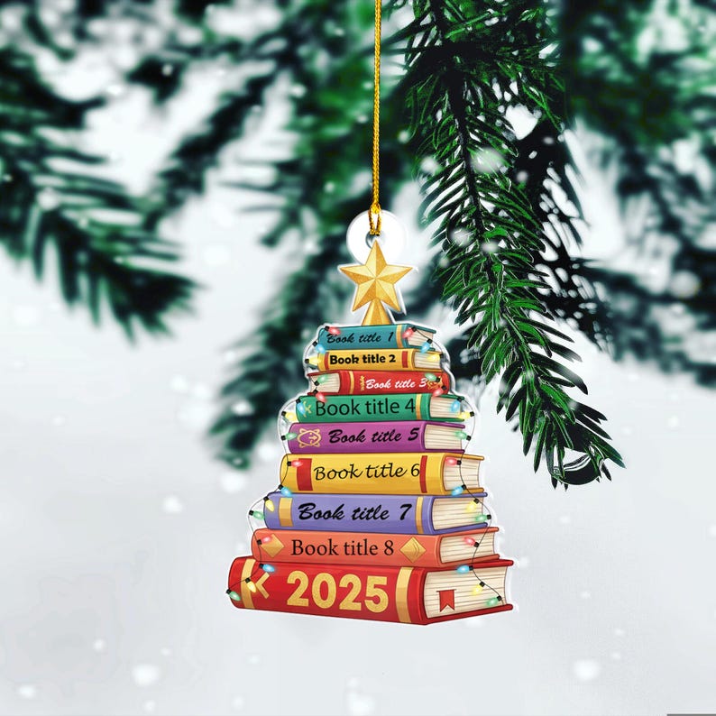 Personalized Book Christmas Ornament 2025 Custom Stack of Books Tree Acrylic Decoration Holiday Gift for Readers & Book Lovers