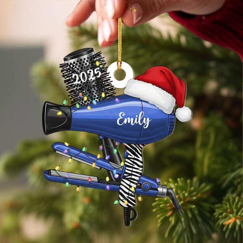 Personalized Hairdresser Ornament 2025, Custom Hair Salon Xmas Gift, Hair Dryer Shape Tree Decor for Stylist, Female Male Hairstylist