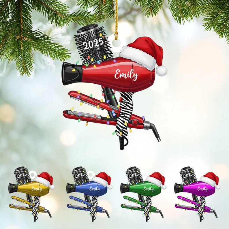 Personalized Hairdresser Ornament 2025, Custom Hair Salon Xmas Gift, Hair Dryer Shape Tree Decor for Stylist, Female Male Hairstylist