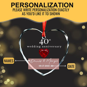 Personalized 40th Wedding Anniversary Ornament Custom Heart Glass Gift with Names, Ruby Heart & Date Gift for Parents - Elegant Keepsake