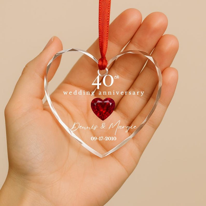 Personalized 40th Wedding Anniversary Ornament Custom Heart Glass Gift with Names, Ruby Heart & Date Gift for Parents - Elegant Keepsake