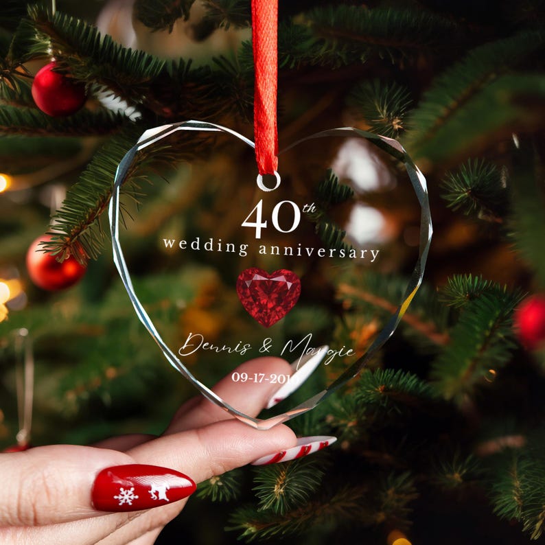 Personalized 40th Wedding Anniversary Ornament Custom Heart Glass Gift with Names, Ruby Heart & Date Gift for Parents - Elegant Keepsake