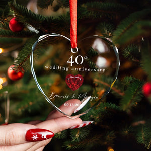 Personalized 40th Wedding Anniversary Ornament Custom Heart Glass Gift with Names, Ruby Heart & Date Gift for Parents - Elegant Keepsake