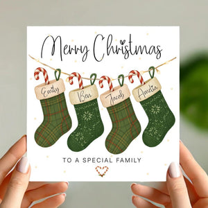 Personalised Family Christmas Card with Stockings Custom Names & Paw Prints, Any Number of Stockings, Special Family Xmas Card