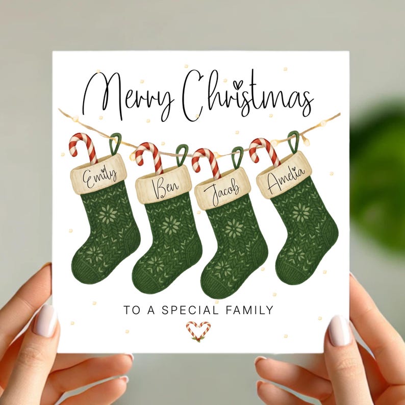 Personalised Family Christmas Card with Stockings Custom Names & Paw Prints, Any Number of Stockings, Special Family Xmas Card