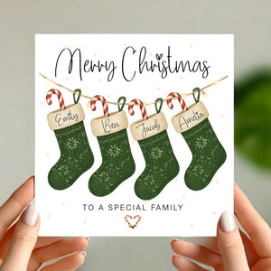 Personalised Family Christmas Card with Stockings Custom Names & Paw Prints, Any Number of Stockings, Special Family Xmas Card