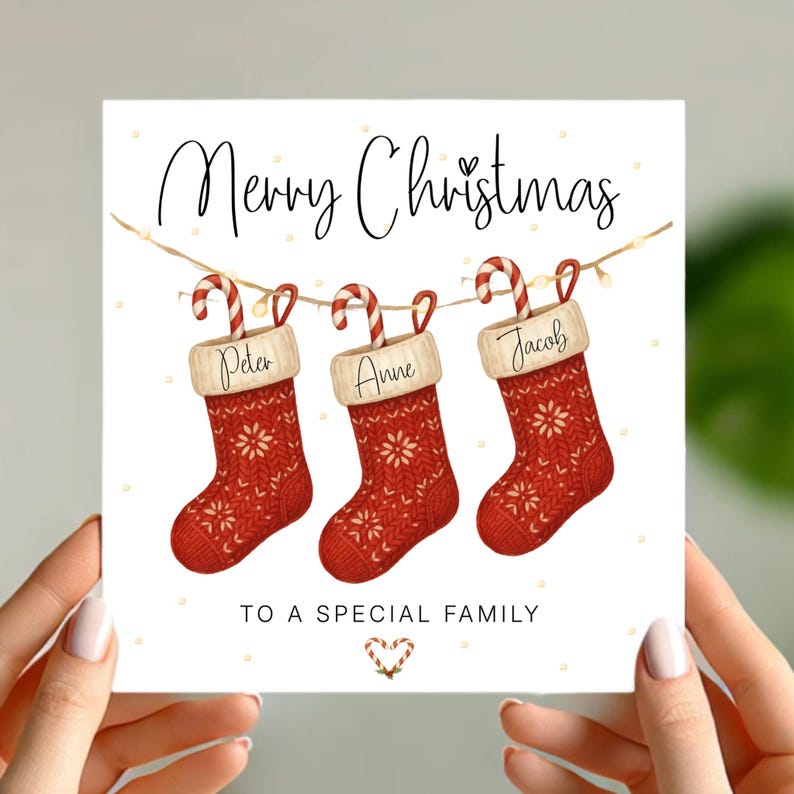 Personalised Family Christmas Card with Stockings Custom Names & Paw Prints, Any Number of Stockings, Special Family Xmas Card