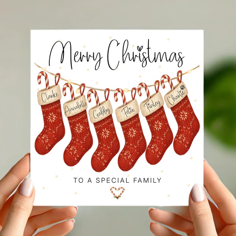 Personalised Family Christmas Card with Stockings Custom Names & Paw Prints, Any Number of Stockings, Special Family Xmas Card