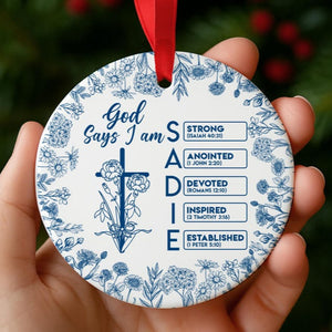 Personalized Christian Name Ornament with Bible Verse, God Says I Am Toile De Jouy Ornament, Christian Christmas Ornament, Religious Gift