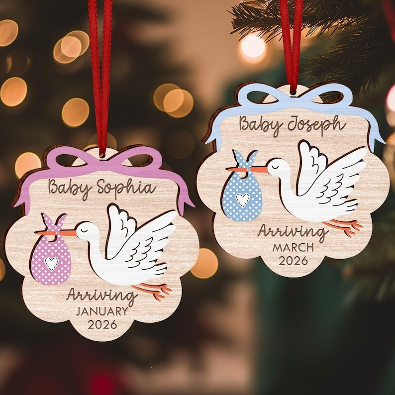 Pregnancy Announcement Ornament 2 Layer Wooden Ornament, Baby Arrival Stork, Cute Gender Reveal Keepsake, New Baby Gift Custom Baby Due Soon