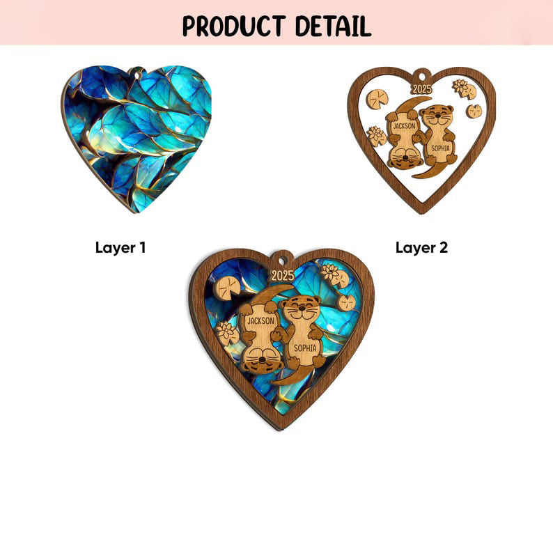 Personalized Otter Couple Layered Wood Ornament, Custom Name Christmas Tree Ornament, Otter Christmas Home Decor, Holiday Gift for Couples