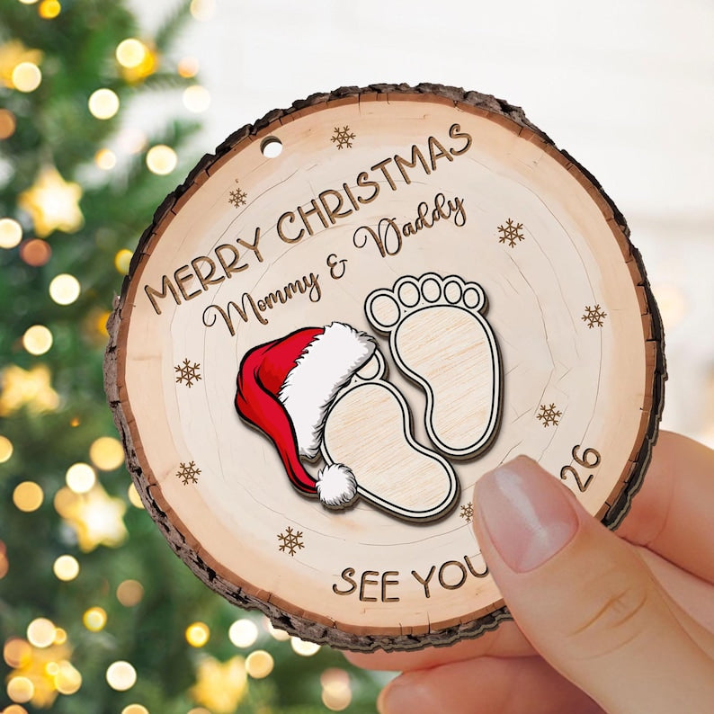 Baby Expecting See You In 2026 - Personalized 2-Layered Wooden Ornament, Custom Baby Announcement Christmas Ornament, Mommy Daddy Gift