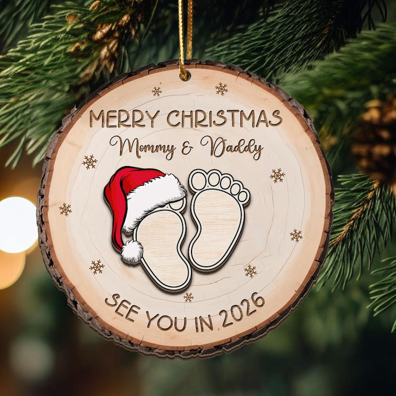 Baby Expecting See You In 2026 - Personalized 2-Layered Wooden Ornament, Custom Baby Announcement Christmas Ornament, Mommy Daddy Gift
