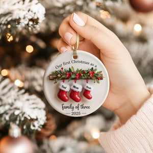 Personalized Family of Three Ceramic Christmas Ornament 2025, Custom New Family Ornament, Baby's First Christmas Ornament