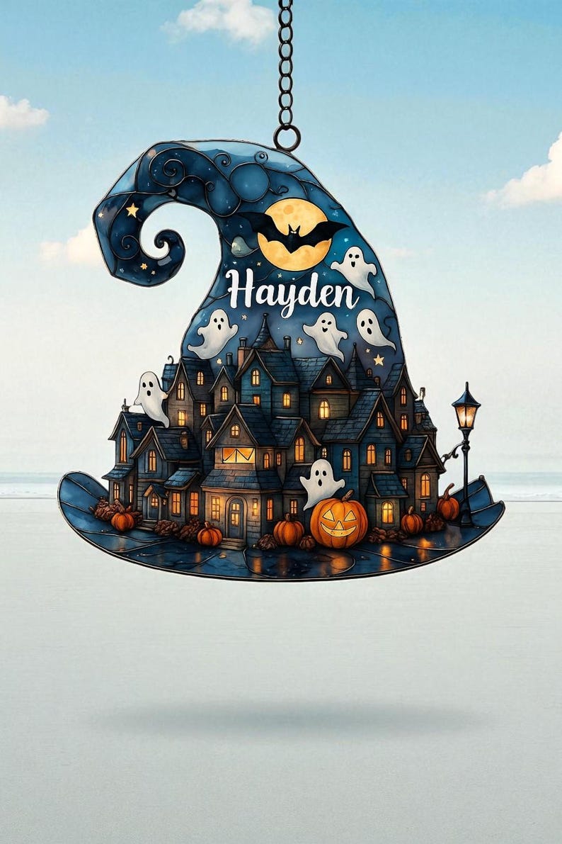 Personalized Halloween Witch Hat Suncatcher: Custom Name Haunted Village Decor