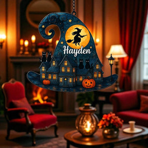Personalized Halloween Witch Hat Suncatcher: Custom Name Haunted Village Decor