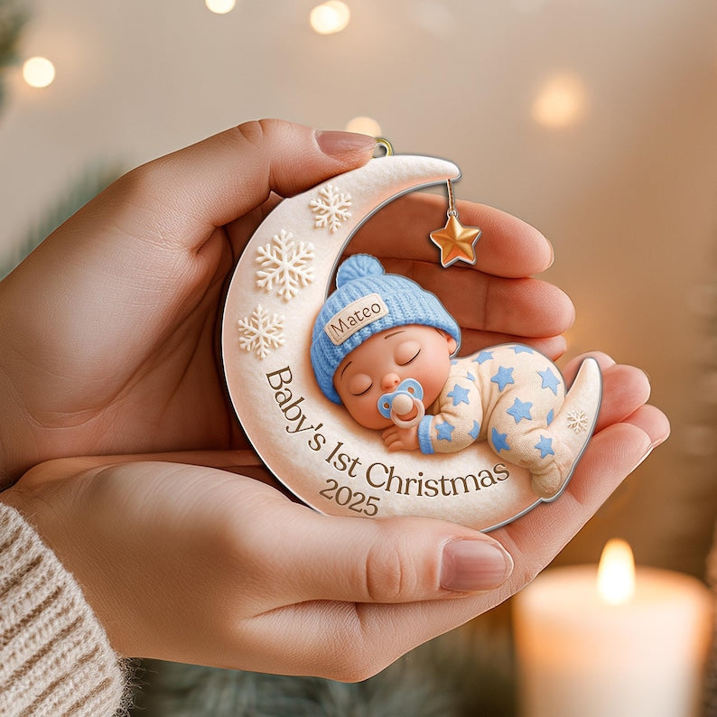Baby s First Christmas Ornament Custom 3D Moon Acrylic Keepsake, Personalized Newborn Gift, Unique Holiday Decoration, Baby Gift Idea, 2D Flat Ornament