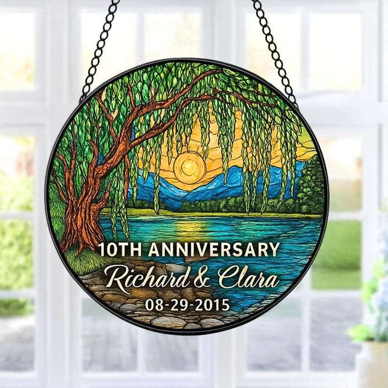 Personalized 10th Anniversary Willow Stained Glass Style Suncatcher, Willow Tree 10 Years Ornament, Unique 10th Wedding Anniversary Gift