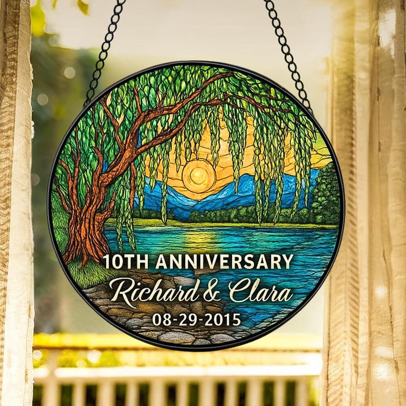 Personalized 10th Anniversary Willow Stained Glass Style Suncatcher, Willow Tree 10 Years Ornament, Unique 10th Wedding Anniversary Gift