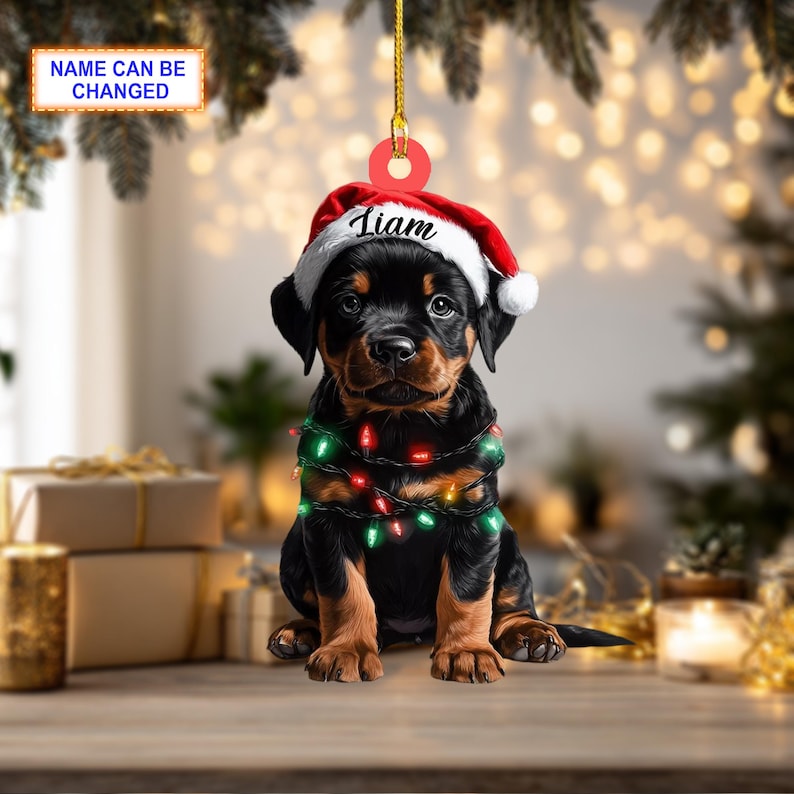 Custom Name Rottweiler Cute Dog With Santa Hat Christmas Lights Ornament, Christmas Tree Hanging Decor, Christmas Ornament, Flat 2D Ornament
