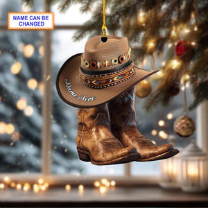 Custom Name Cowboy Boots And Hat Personalized Ornament, Christmas Tree Hanging Decor, Christmas Ornament, Flat 2D Ornament, Boot Stockings